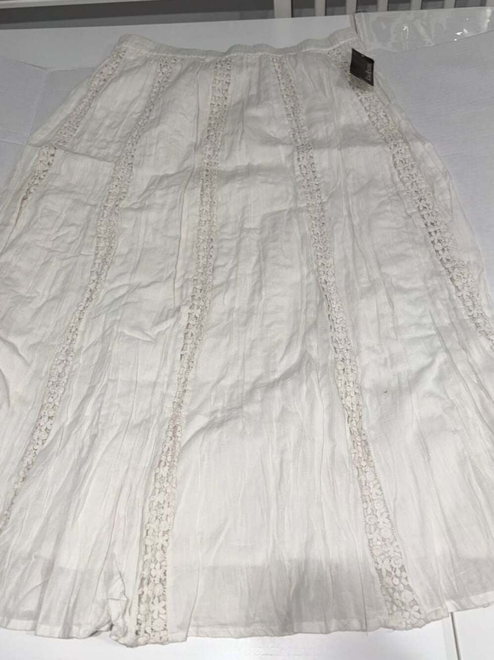 NWT Kim Rogers Petite White Crinkle Lace-Inset Maxi Skirt